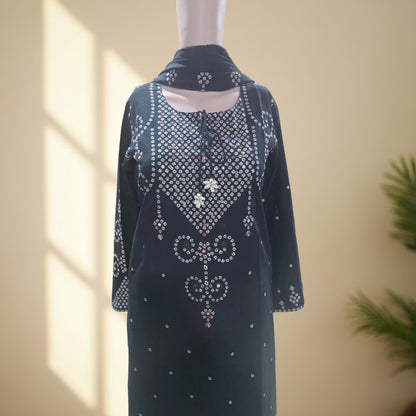 Black Bandhani print mul cotton suit set with matching Bandhani dupatta