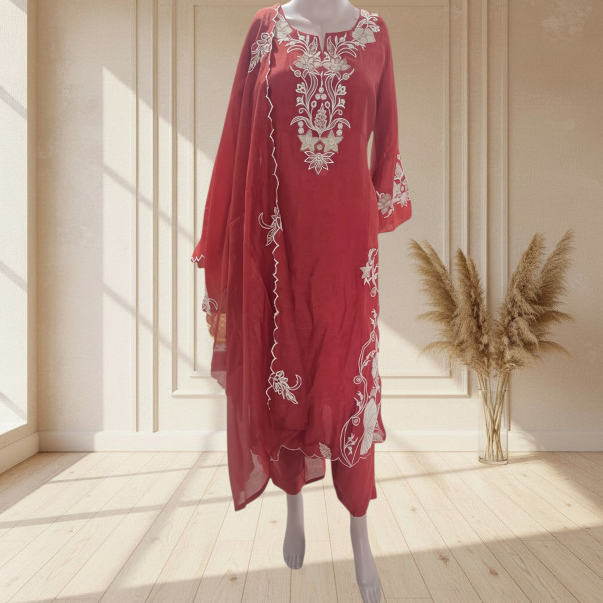 Mul Chanderi Embroidered Full Suit with Scalloped Dupatta