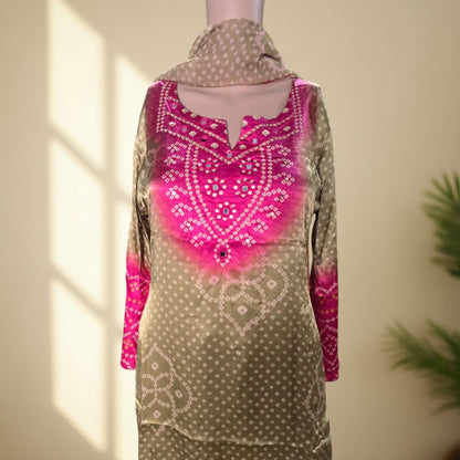 Olive Green and Pink Bandhani Print Gajji Full Suit with Mirror Work