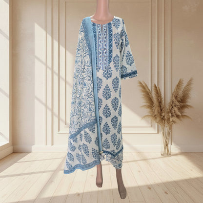 White cotton kurti with blue buti print, embroidered yoke and printed borders