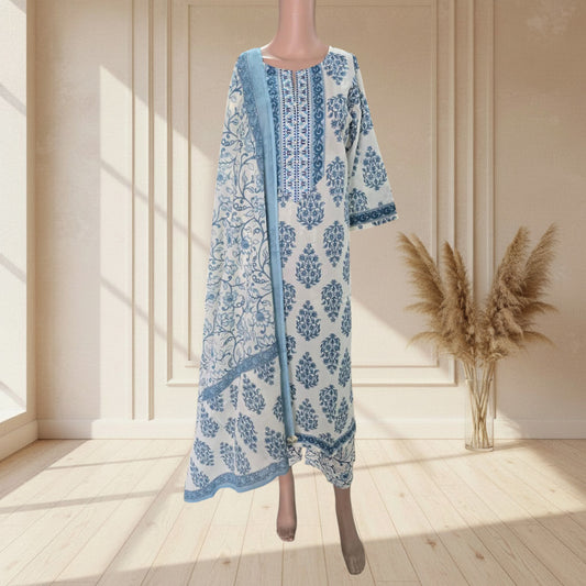 White cotton kurti with blue buti print, embroidered yoke and printed borders