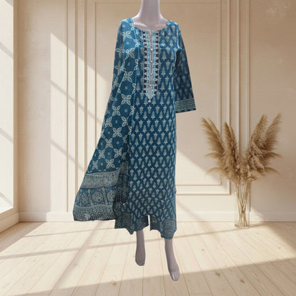 Cotton kurti with all-over buti print and an embroidered yoke down the front