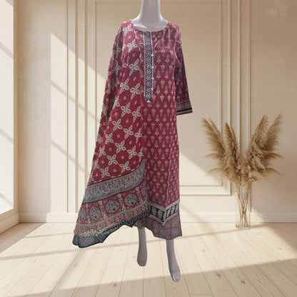 Buti print cotton kurti with embroidered yoke placket