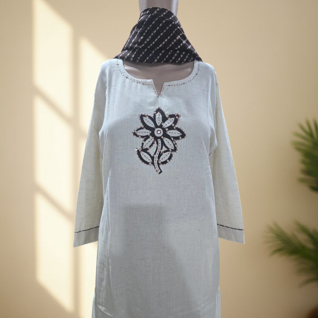 Brown Kota Doriya dupatta with striped pattern and triangle border, paired with cream cotton suit