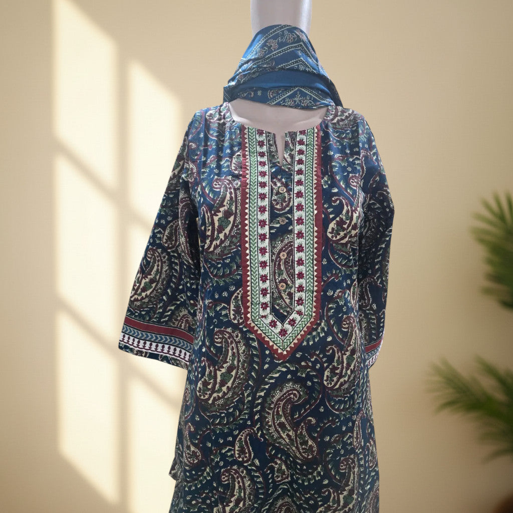 Navy blue paisley cotton suit set with paisley-border cotton dupatta