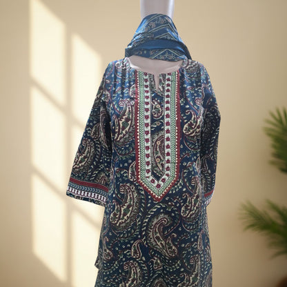 Navy blue paisley cotton suit set with paisley-border cotton dupatta