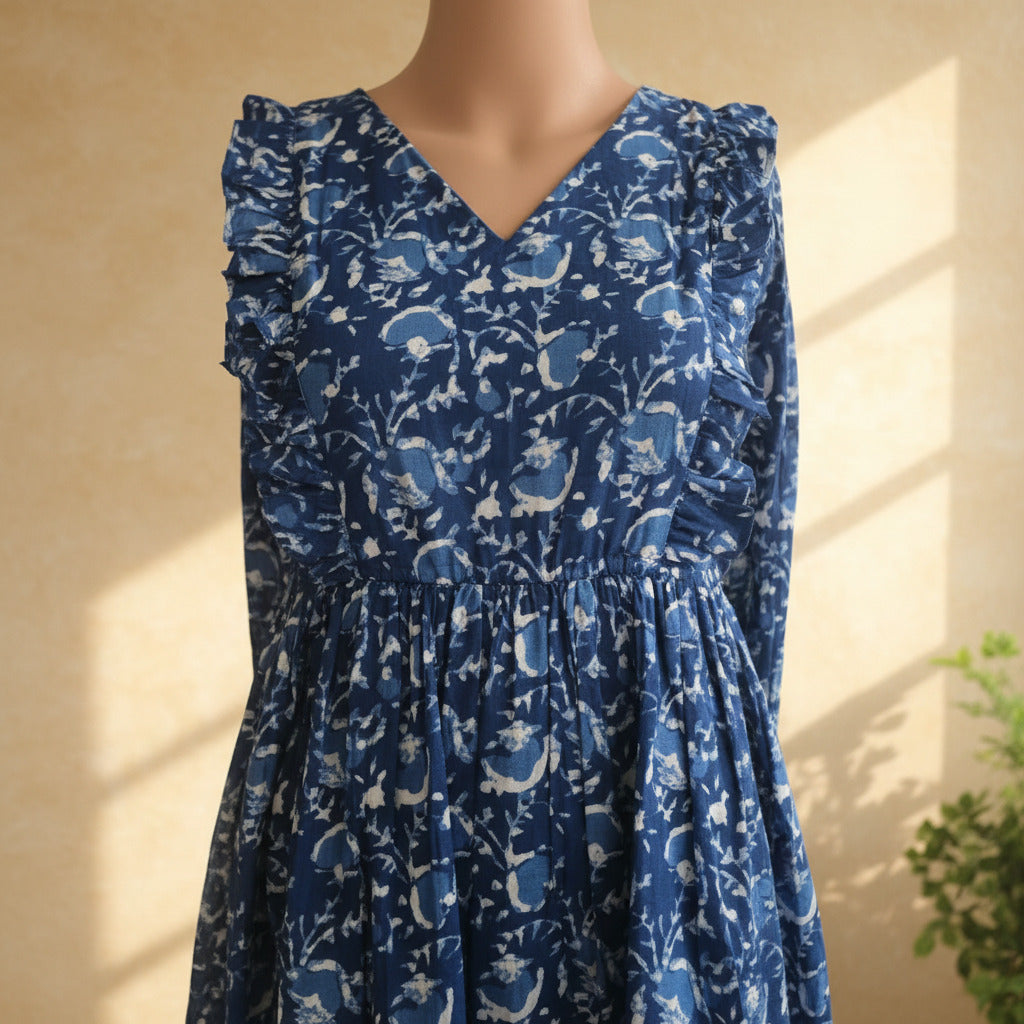 Close-up of indigo floral print cotton dress showing white floral motifs, V-neckline and ruffle trim
