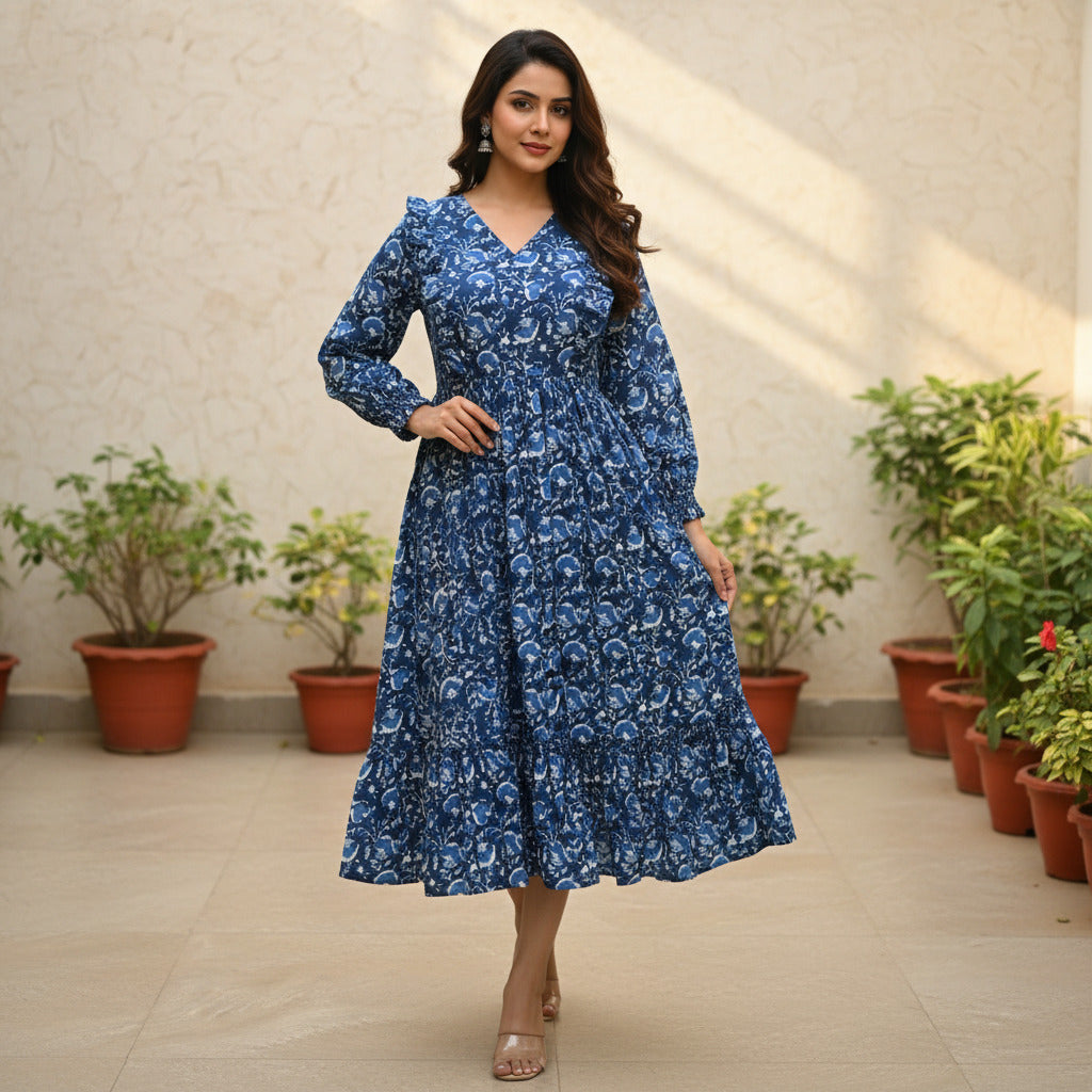 Woman wearing an indigo floral print cotton midi dress with V-neck, ruffle shoulders, gathered waist and flared hem