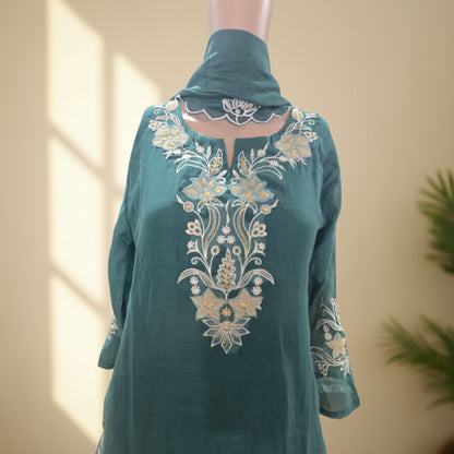 Mul Chanderi Embroidered Full Suit with Scalloped Dupatta