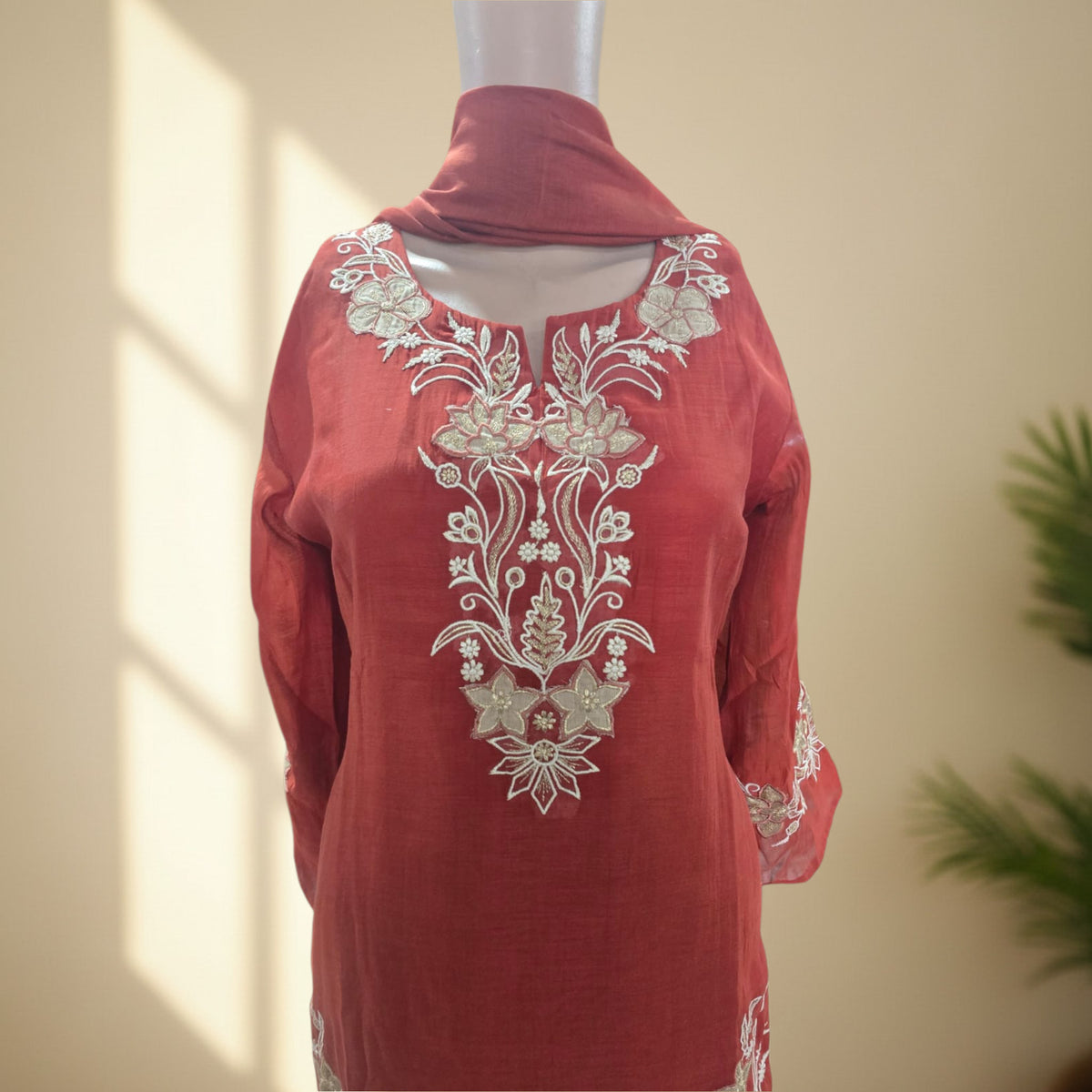 Mul Chanderi Embroidered Full Suit with Scalloped Dupatta