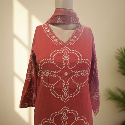 Rust Bandhej print cotton suit set with tassel-edged dupatta