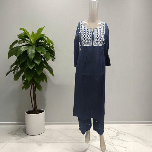 Navy Blue Cotton Kurti With Pant