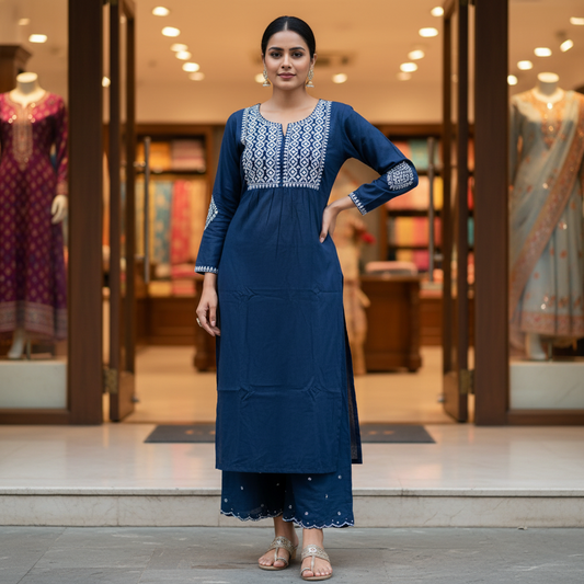 Navy Blue Cotton Kurti With Pant