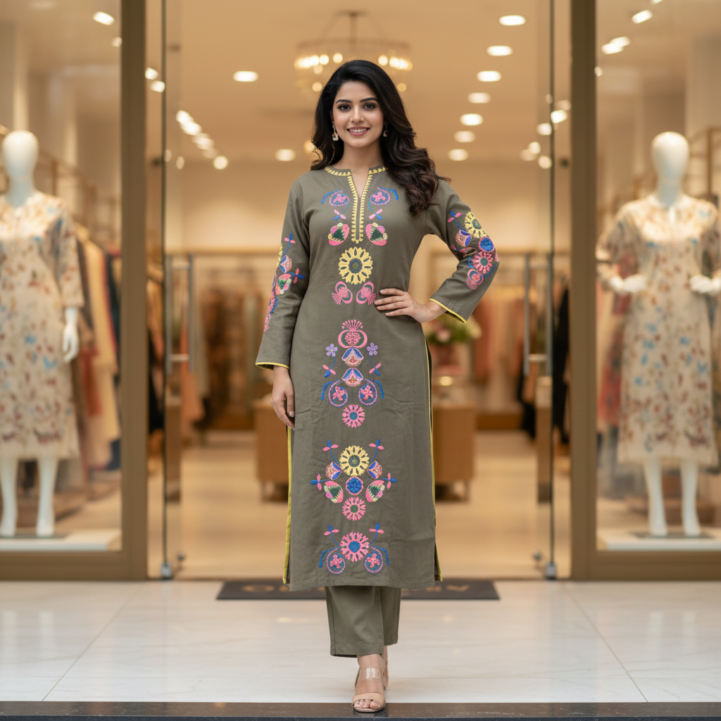 Brown Cotton Kurti With Pant