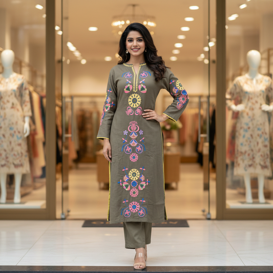 Brown Cotton Kurti With Pant