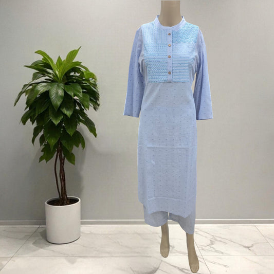 Sky Blue Cotton Kurti With Pant