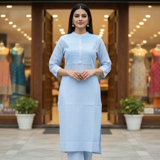 Sky Blue Cotton Kurti With Pant
