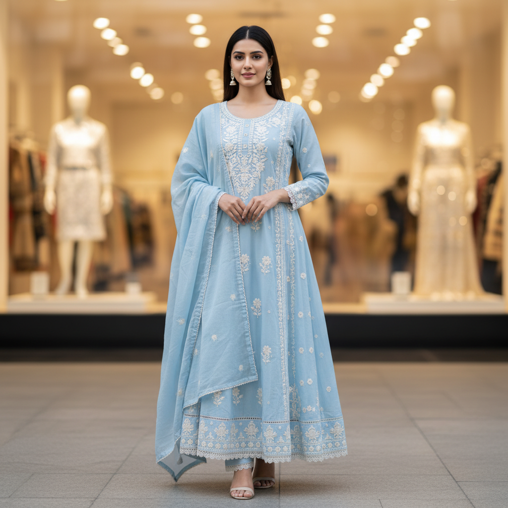 Cotton Chikankari Anarkali Suit