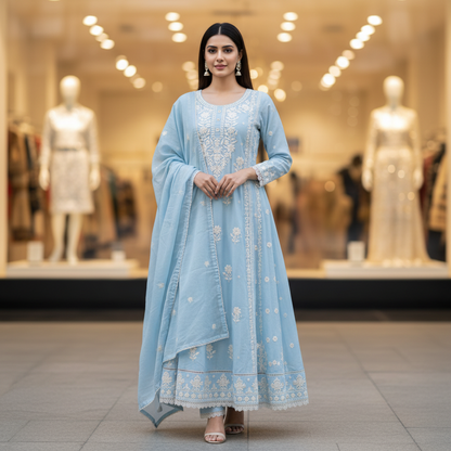 Cotton Chikankari Anarkali Suit