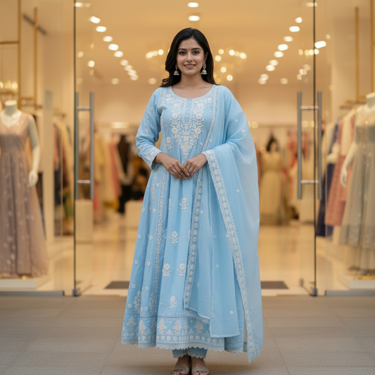 Cotton Chikankari Anarkali Suit