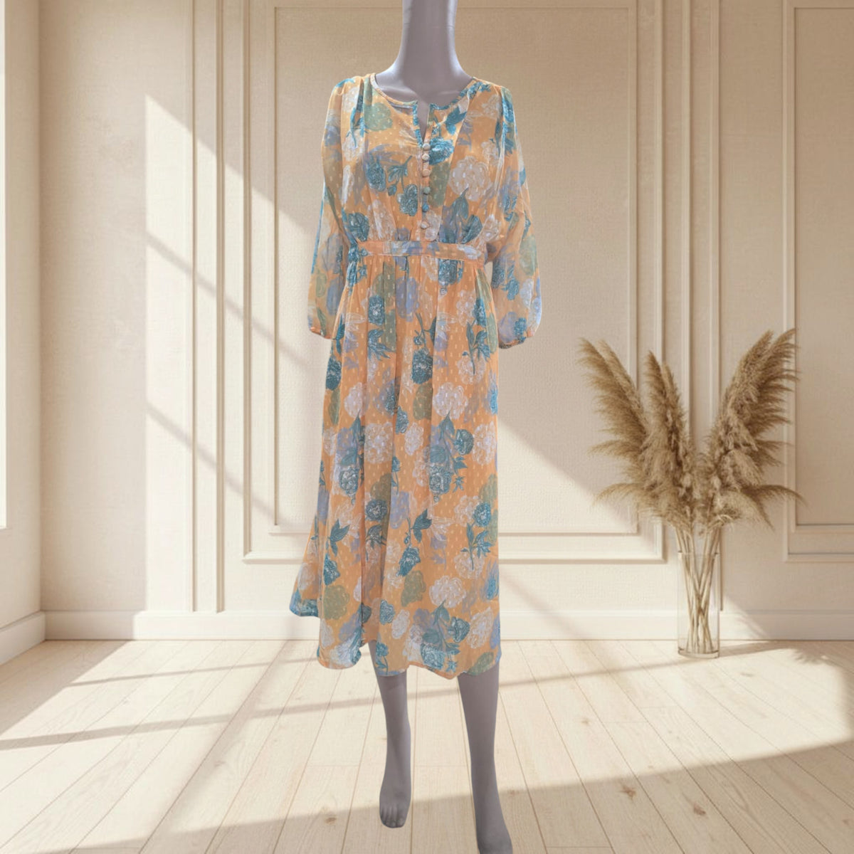 Mustard Floral Dobby Georgette Belted One Piece